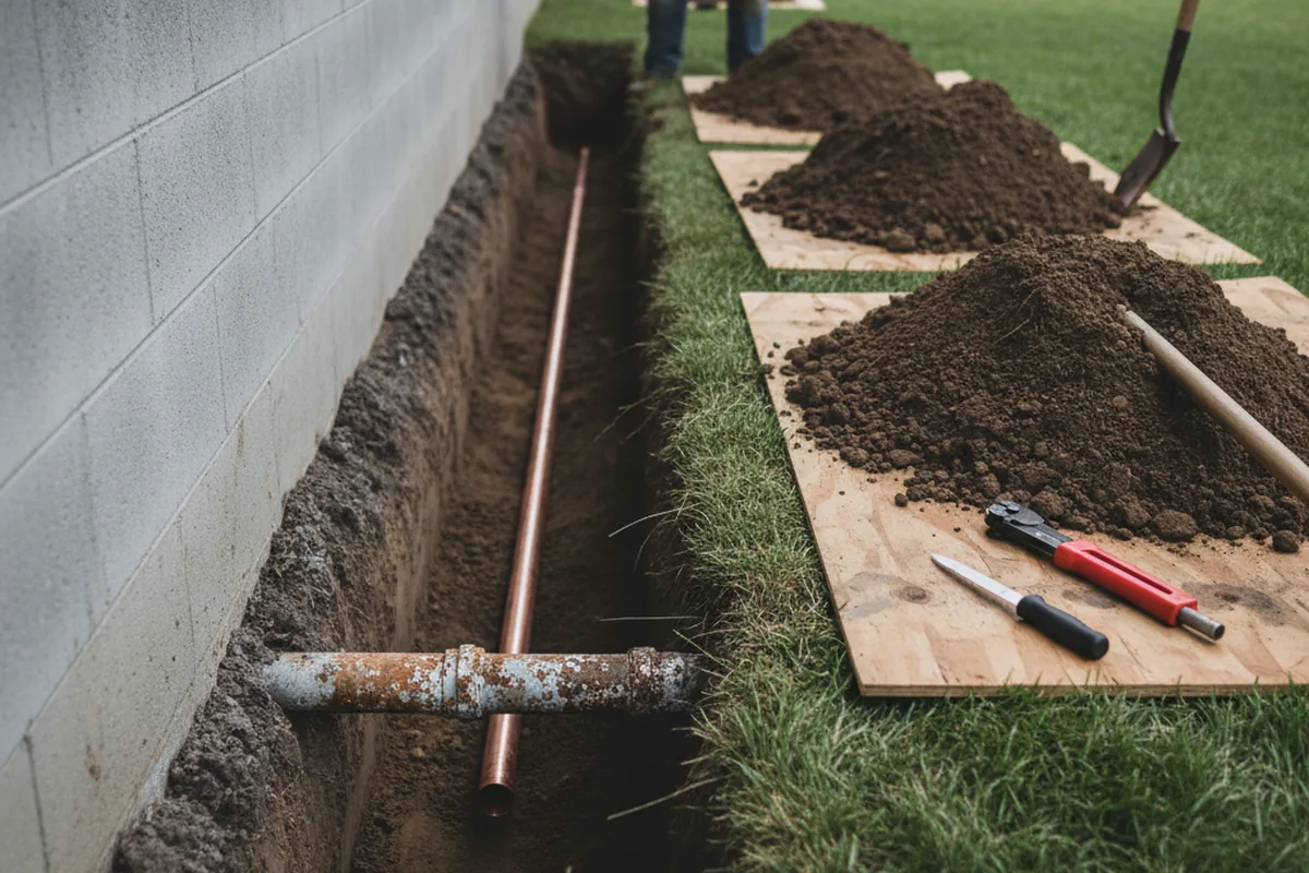 Excavated water line trench during Water Softener Installation in Shasta Lake
